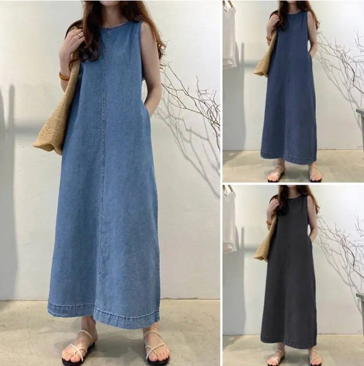 Vestido Comprido de Ganga Estilo Boho com Bolsos