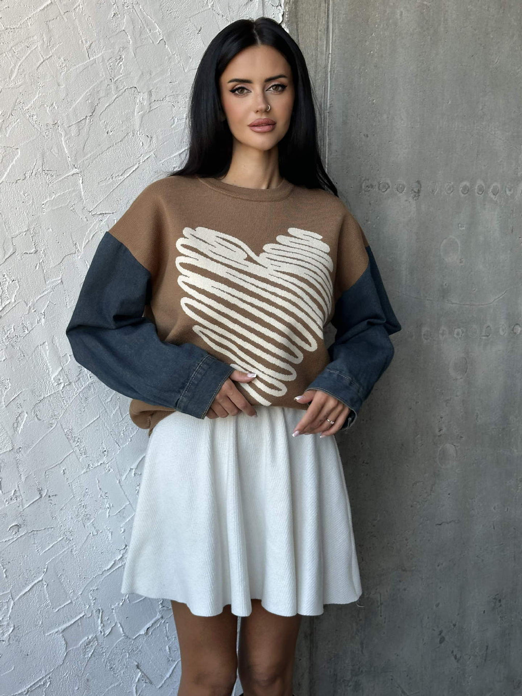 European and American Cross-Border Autumn and Winter Export Sweaters Round Neck Denim Sleeve Sweaters Heart Pattern Simple Tops European and American Women's Clothing