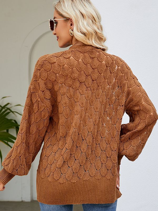 Cardigã de Tricô Feminino Vazado de Comprimento Médio