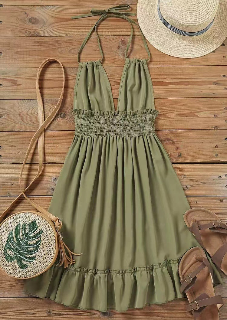 Vestido Midi Plissado de Alças com Decote em V