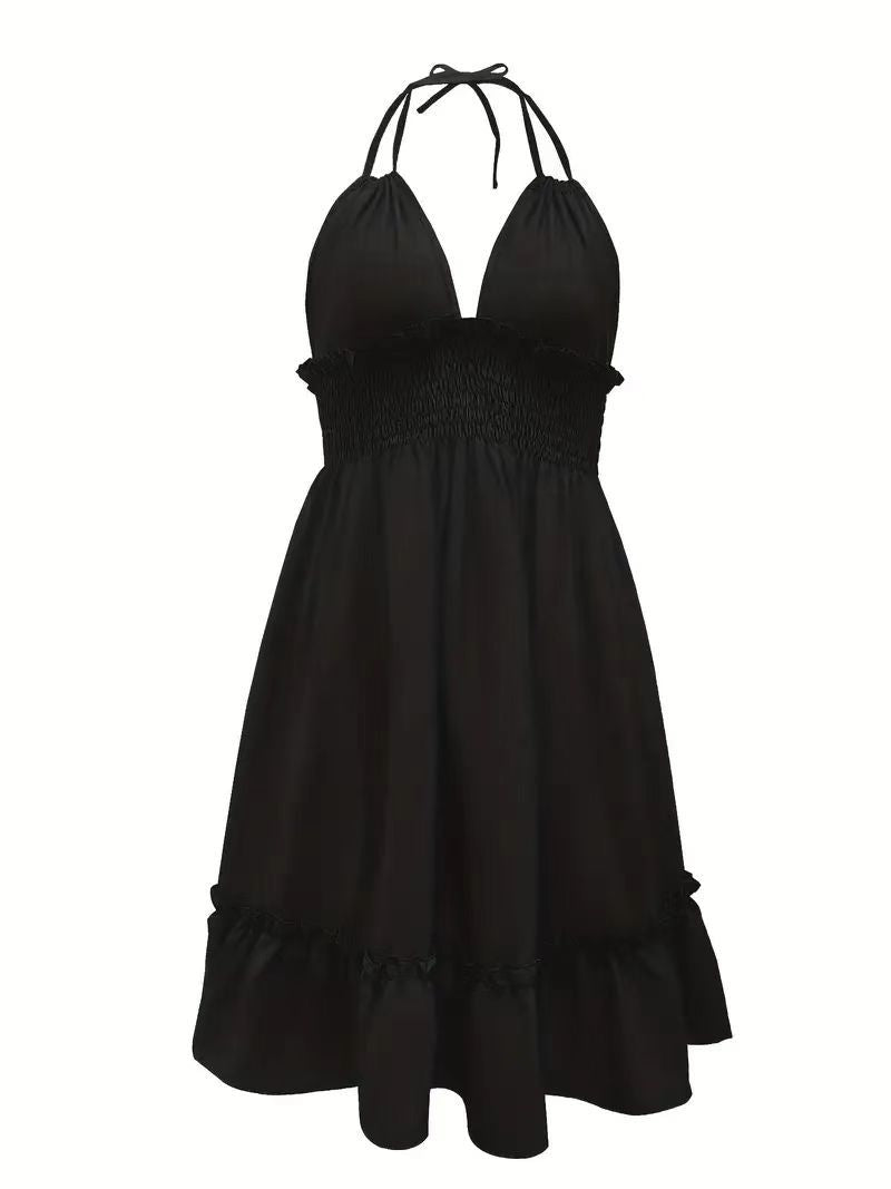 Vestido Midi Plissado de Alças com Decote em V