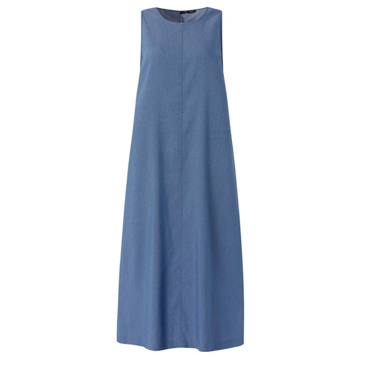 Vestido Comprido de Ganga Estilo Boho com Bolsos