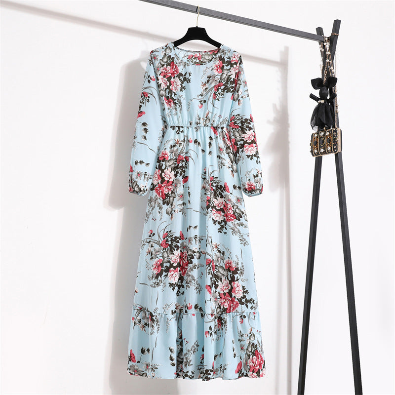 Vestido Comprido Floral de Manga Comprida e Cintura Subida