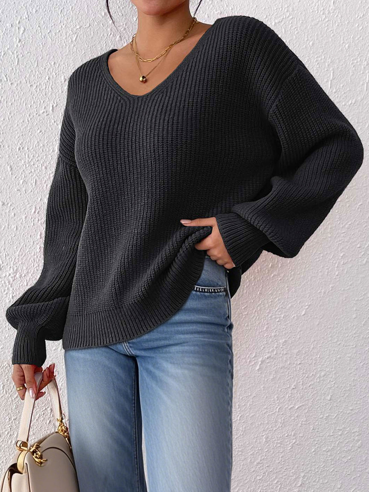 European and American Women's Clothing Cross-Border Sweaters Autumn and Winter V-Neck Casual Pullover Tops Women's Knitted Loose Sweaters Wholesale