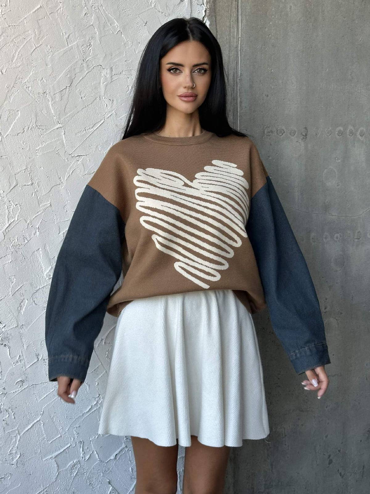 European and American Cross-Border Autumn and Winter Export Sweaters Round Neck Denim Sleeve Sweaters Heart Pattern Simple Tops European and American Women's Clothing