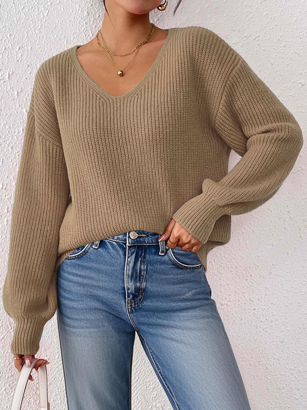 European and American Women's Clothing Cross-Border Sweaters Autumn and Winter V-Neck Casual Pullover Tops Women's Knitted Loose Sweaters Wholesale
