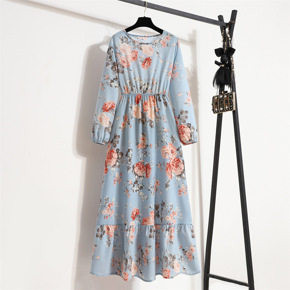 Vestido Comprido Floral de Manga Comprida e Cintura Subida