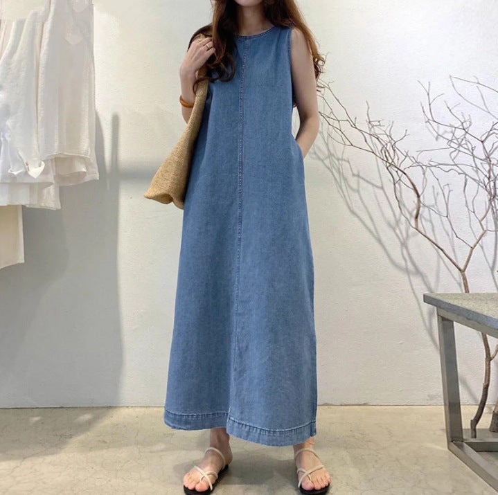 Vestido Comprido de Ganga Estilo Boho com Bolsos