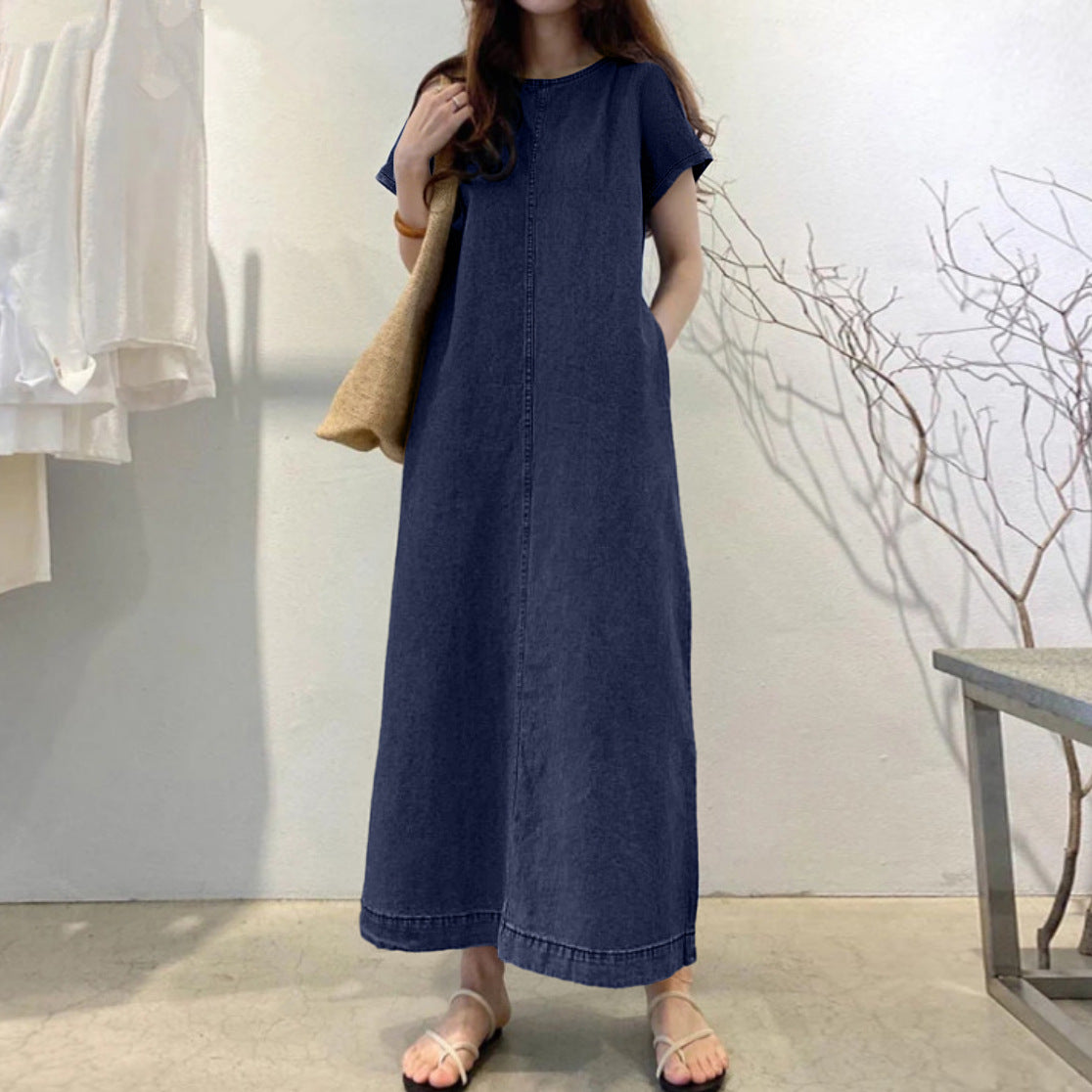 Vestido Comprido de Ganga Estilo Boho com Bolsos