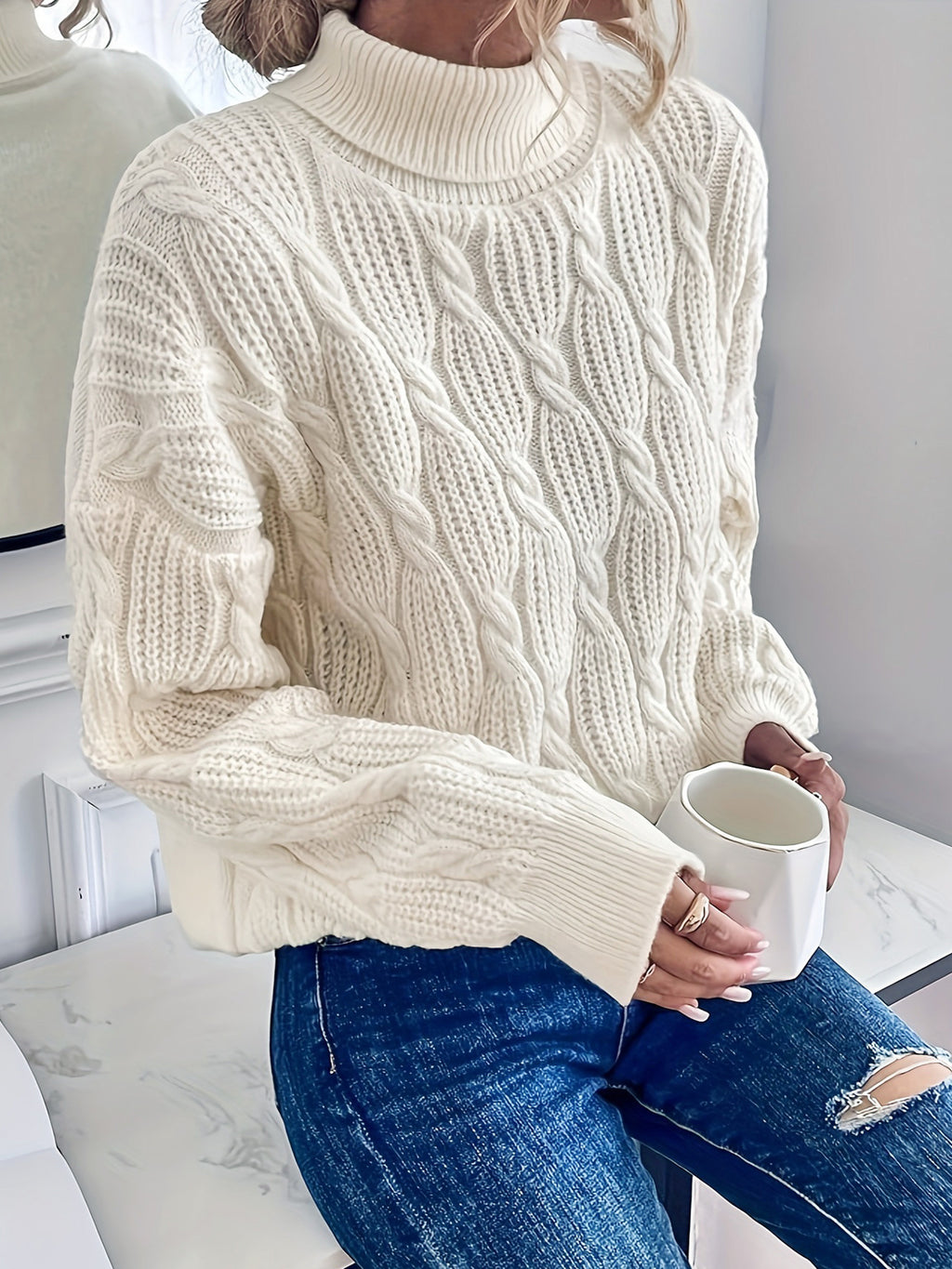 Camisola feminina de gola alta, manga comprida, cor lisa, para primavera e outono