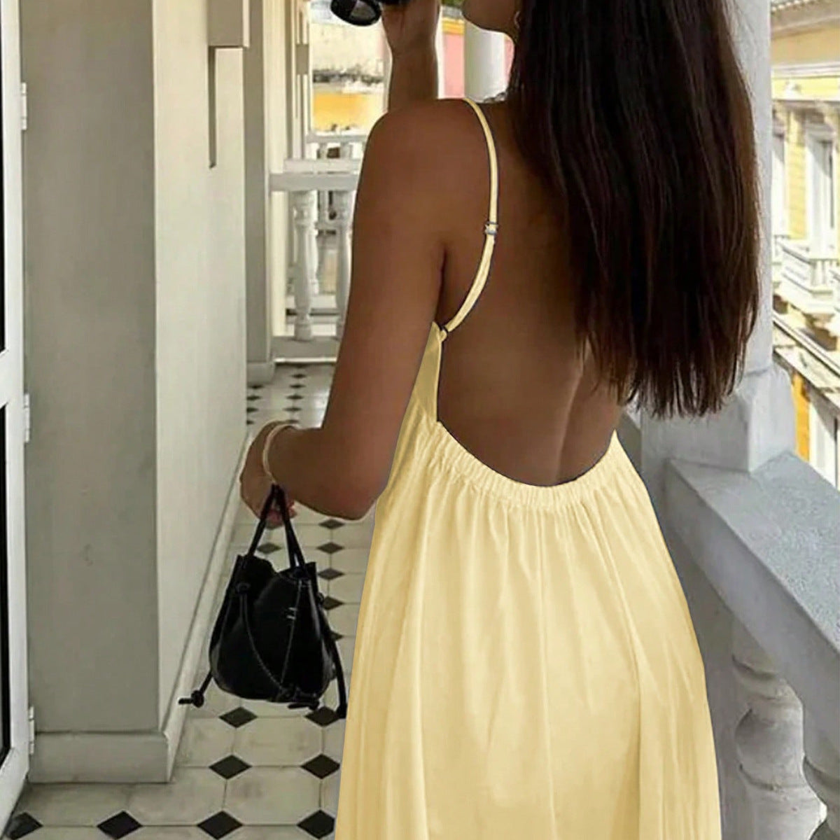 Vestido de Verão com Costas Abertas, Decote V e Alças