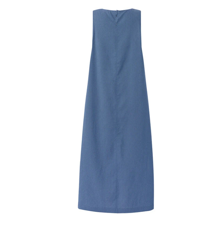 Vestido Comprido de Ganga Estilo Boho com Bolsos