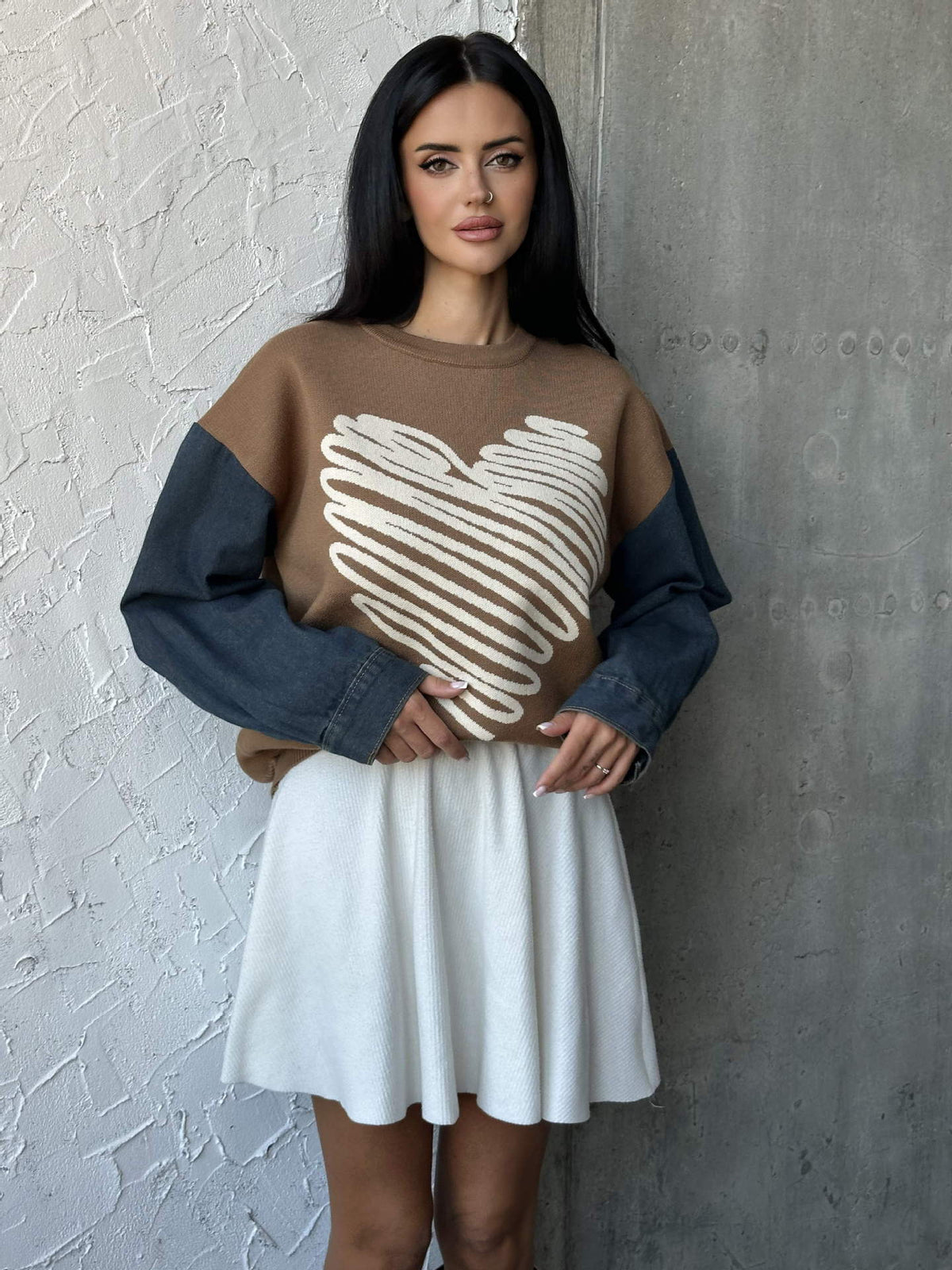 European and American Cross-Border Autumn and Winter Export Sweaters Round Neck Denim Sleeve Sweaters Heart Pattern Simple Tops European and American Women's Clothing