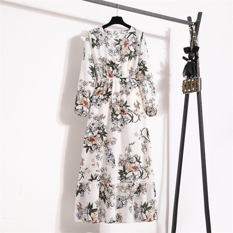 Vestido Comprido Floral de Manga Comprida e Cintura Subida