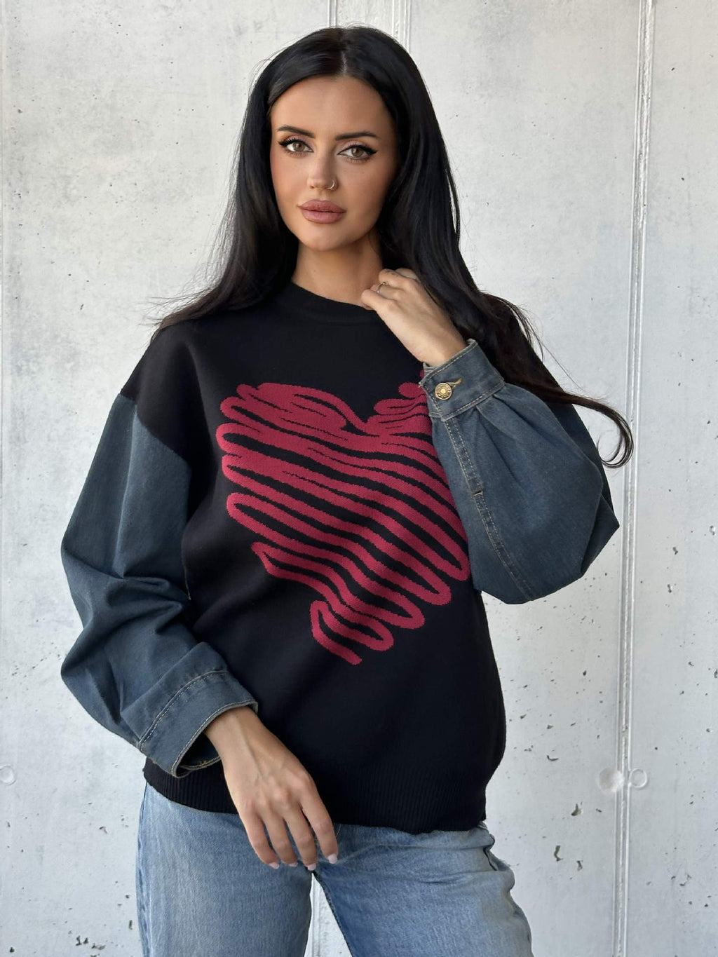 European and American Cross-Border Autumn and Winter Export Sweaters Round Neck Denim Sleeve Sweaters Heart Pattern Simple Tops European and American Women's Clothing