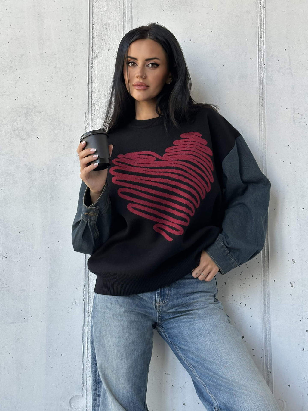 European and American Cross-Border Autumn and Winter Export Sweaters Round Neck Denim Sleeve Sweaters Heart Pattern Simple Tops European and American Women's Clothing