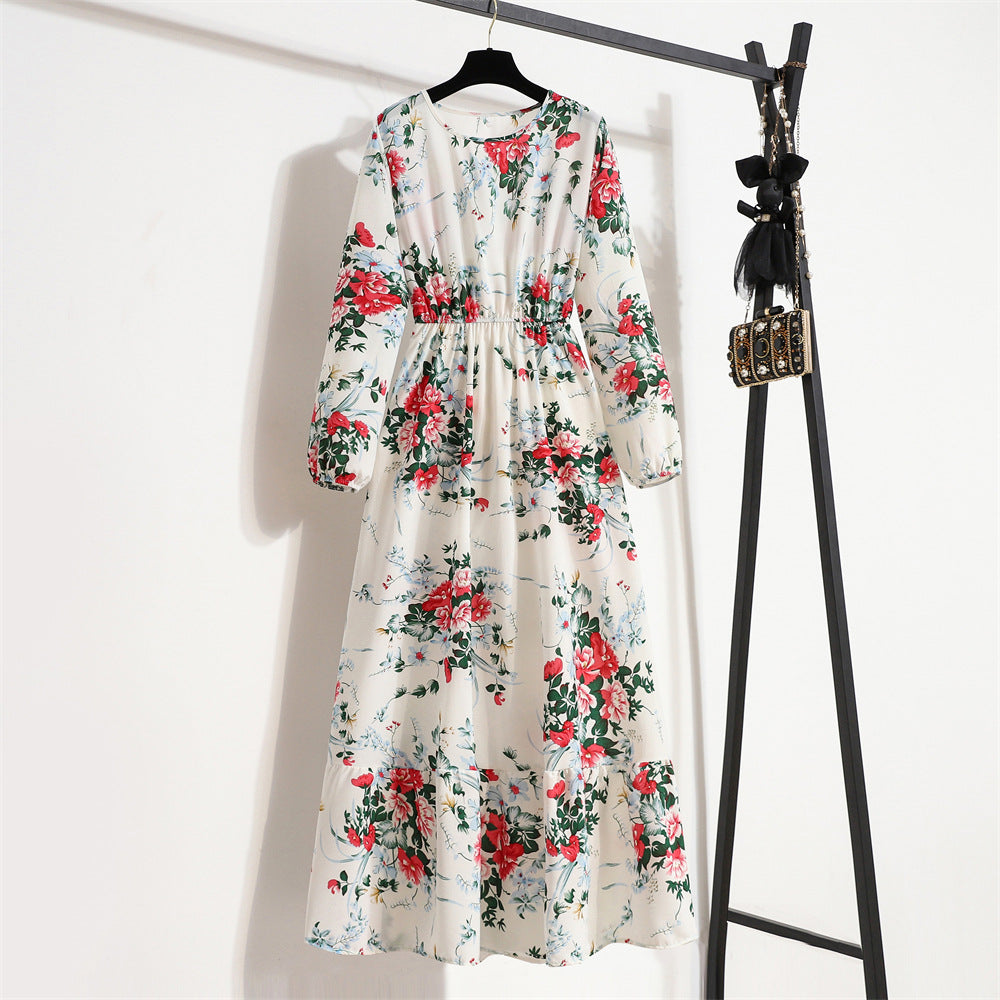Vestido Comprido Floral de Manga Comprida e Cintura Subida