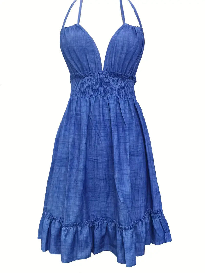 Vestido Midi Plissado de Alças com Decote em V