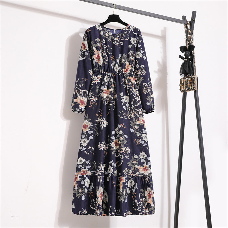 Vestido Comprido Floral de Manga Comprida e Cintura Subida