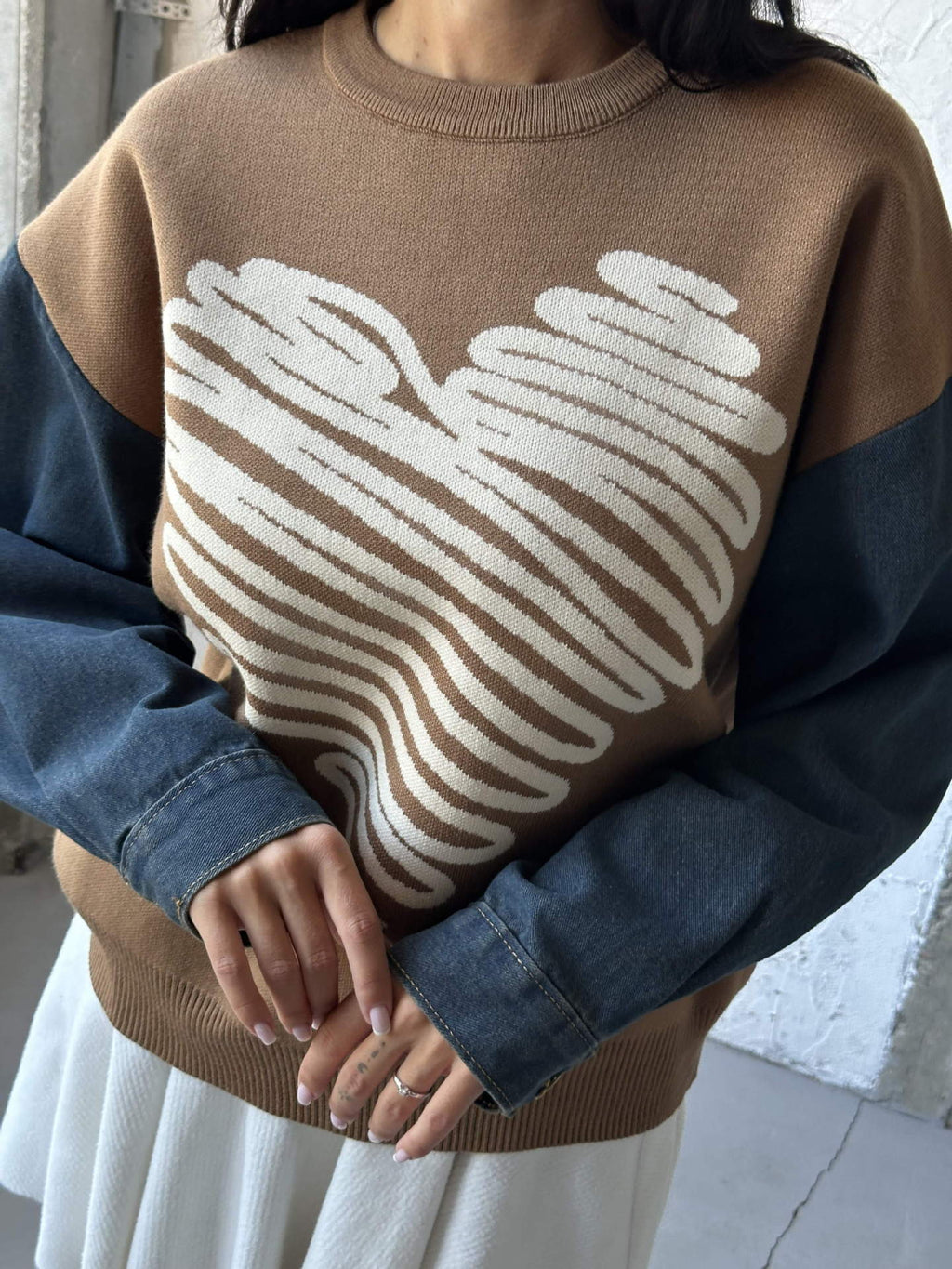 European and American Cross-Border Autumn and Winter Export Sweaters Round Neck Denim Sleeve Sweaters Heart Pattern Simple Tops European and American Women's Clothing