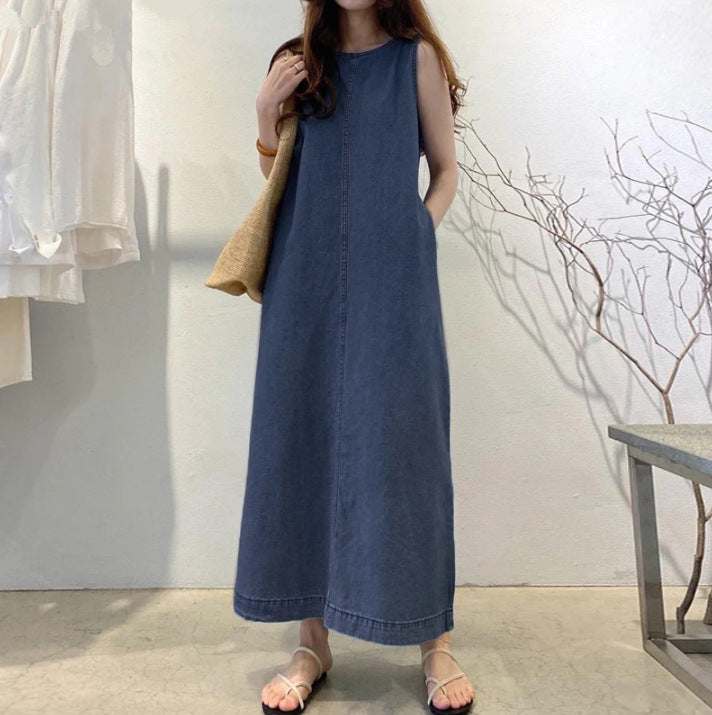 Vestido Comprido de Ganga Estilo Boho com Bolsos
