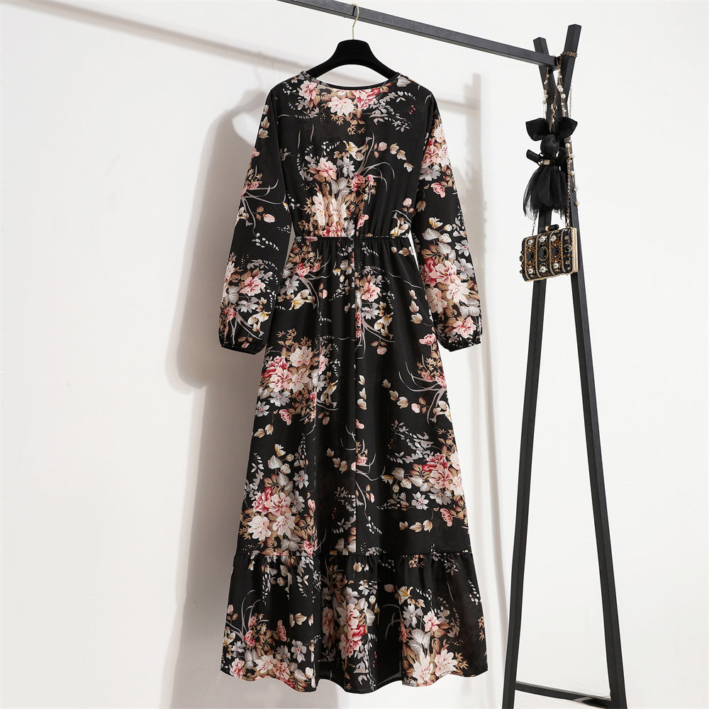 Vestido Comprido Floral de Manga Comprida e Cintura Subida