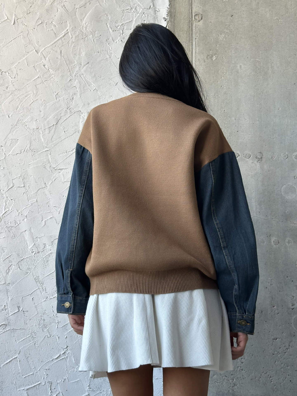 European and American Cross-Border Autumn and Winter Export Sweaters Round Neck Denim Sleeve Sweaters Heart Pattern Simple Tops European and American Women's Clothing