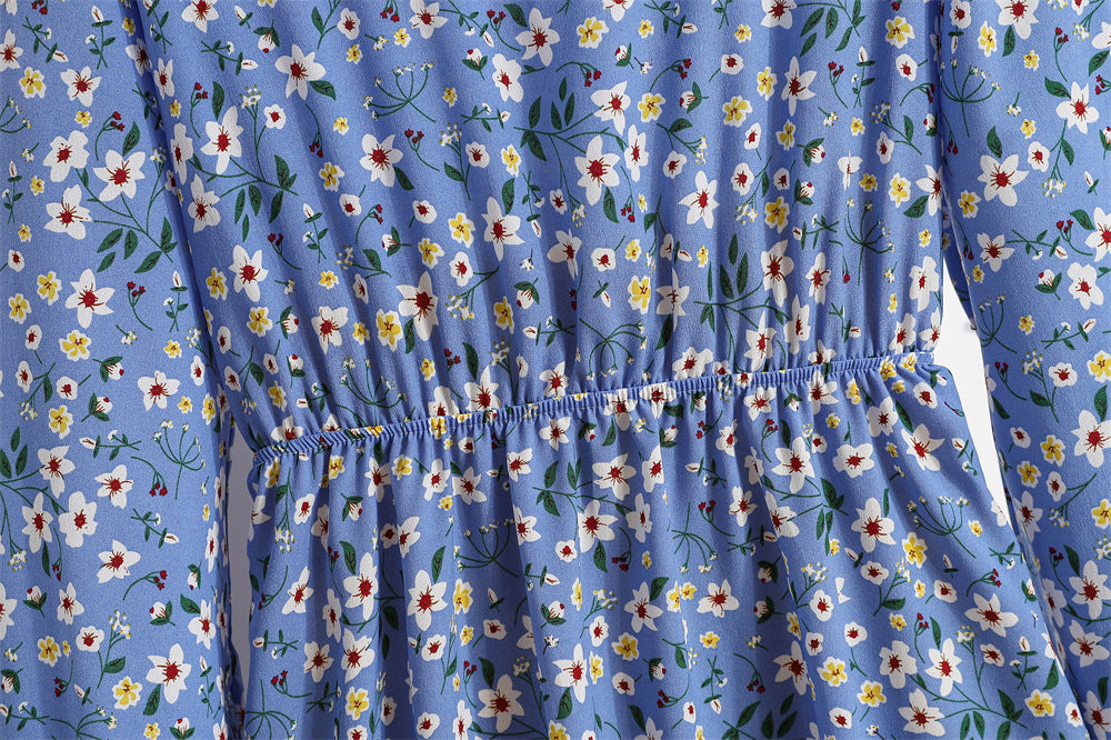 Vestido Comprido Floral de Manga Comprida e Cintura Subida