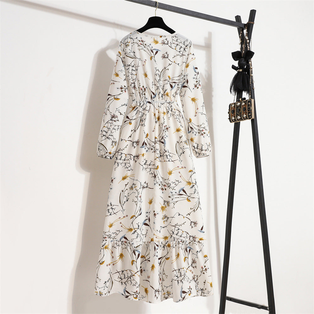 Vestido Comprido Floral de Manga Comprida e Cintura Subida