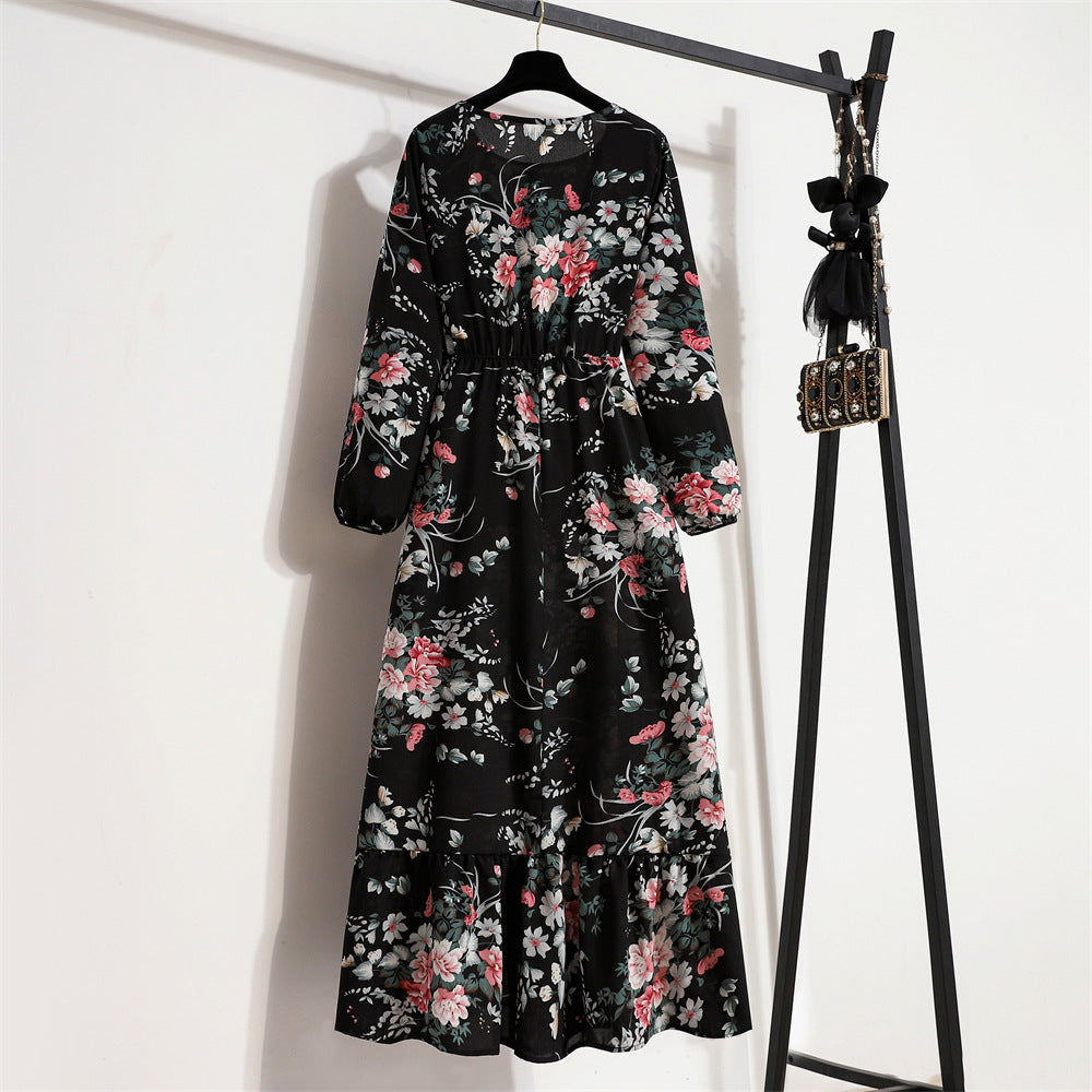 Vestido Comprido Floral de Manga Comprida e Cintura Subida