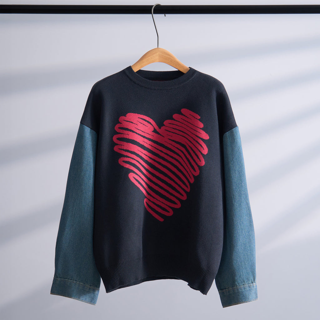 European and American Cross-Border Autumn and Winter Export Sweaters Round Neck Denim Sleeve Sweaters Heart Pattern Simple Tops European and American Women's Clothing