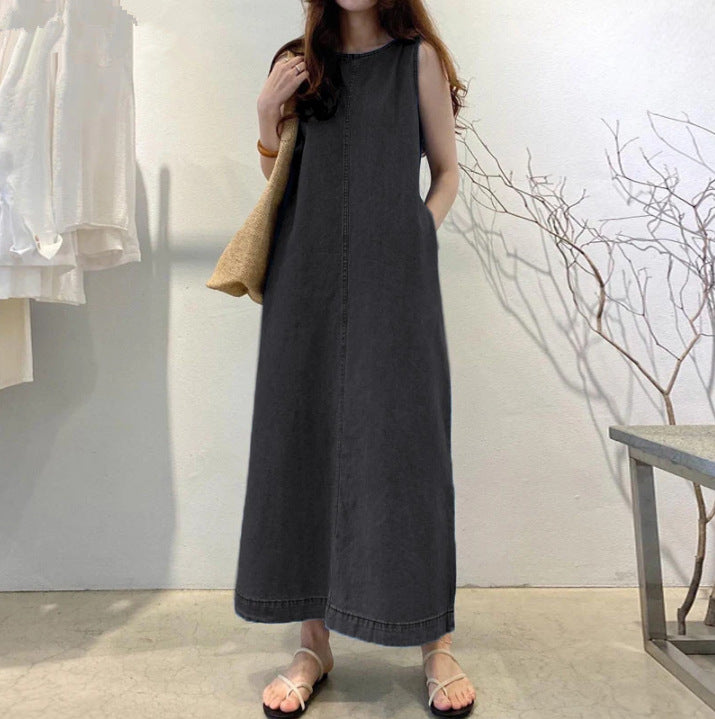 Vestido Comprido de Ganga Estilo Boho com Bolsos