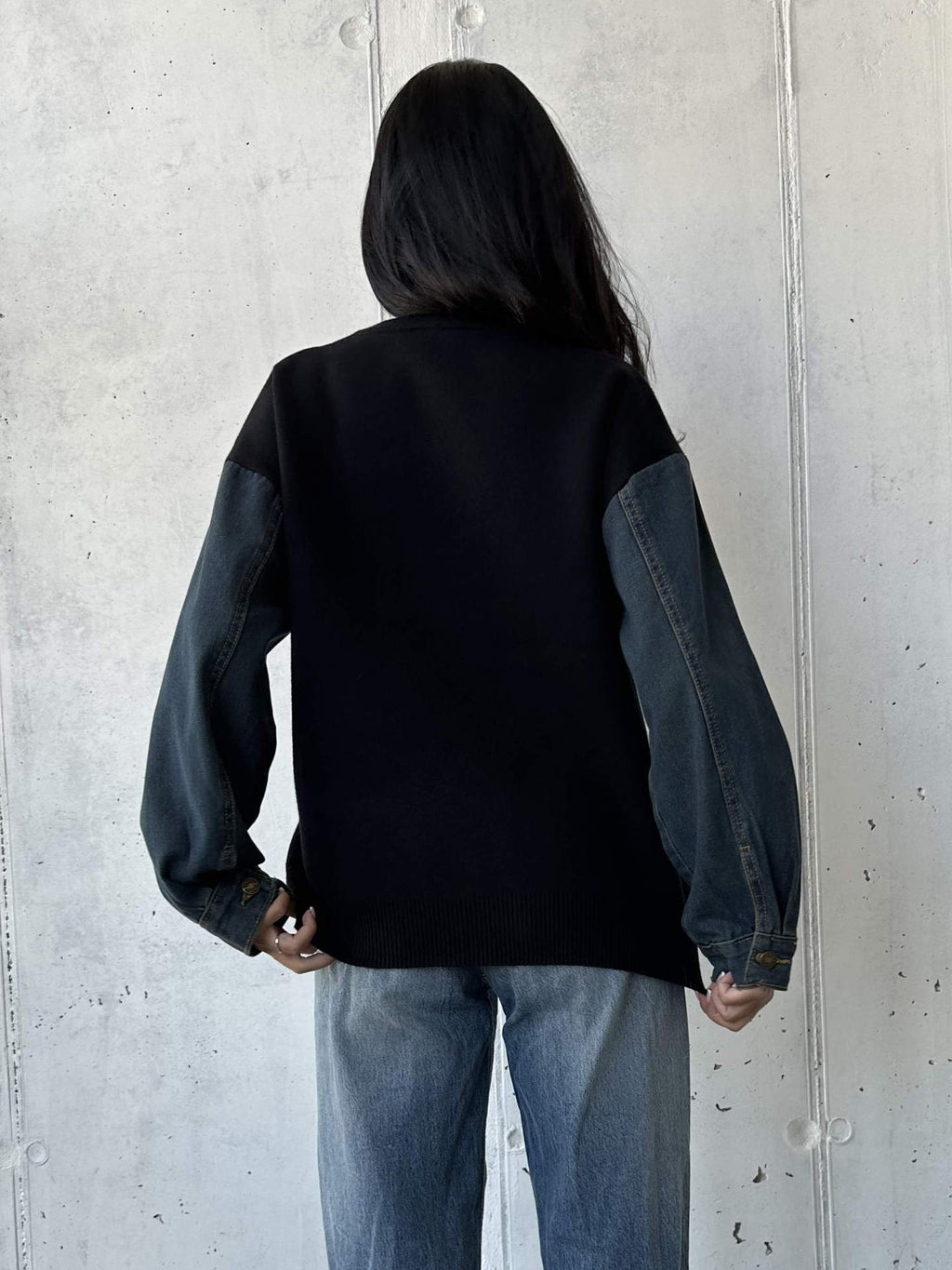 European and American Cross-Border Autumn and Winter Export Sweaters Round Neck Denim Sleeve Sweaters Heart Pattern Simple Tops European and American Women's Clothing