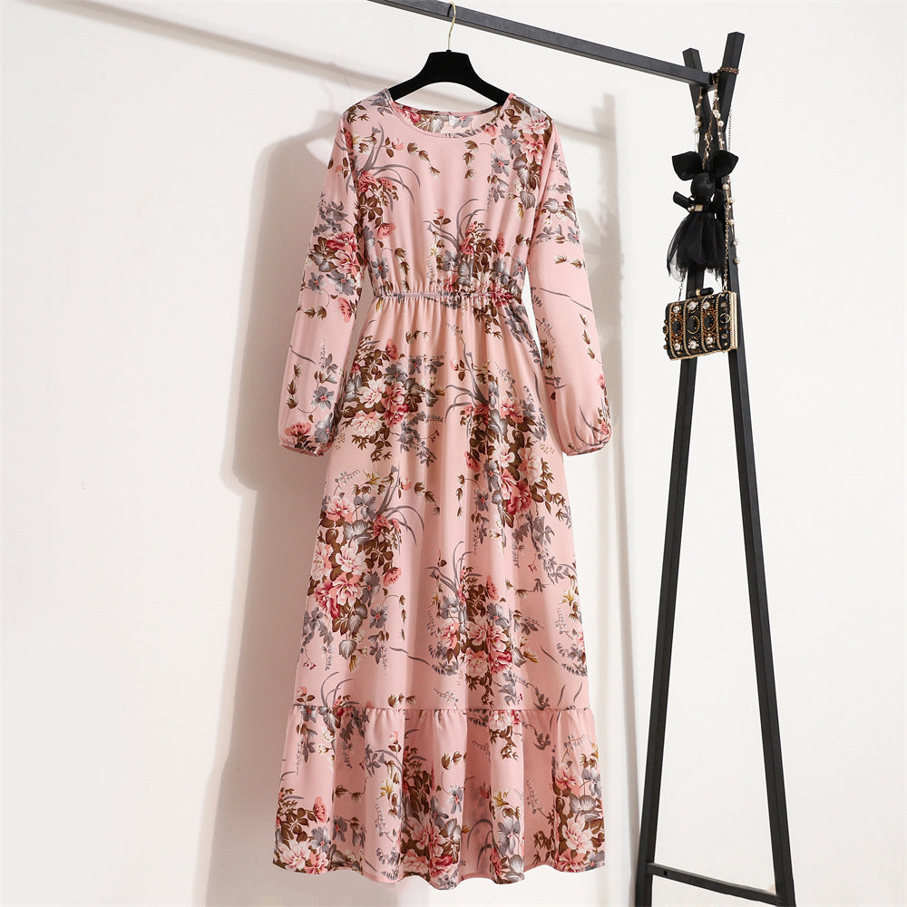Vestido Comprido Floral de Manga Comprida e Cintura Subida