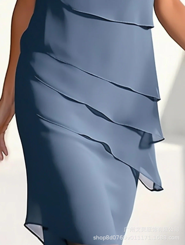 Vestido Midi Evasé com Folhos e Manga Curta