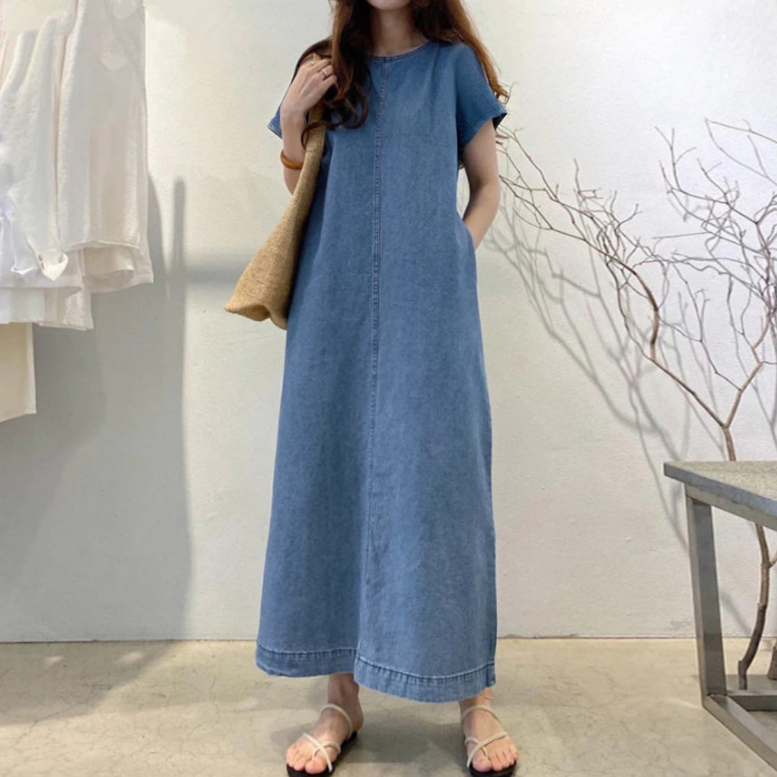 Vestido Comprido de Ganga Estilo Boho com Bolsos
