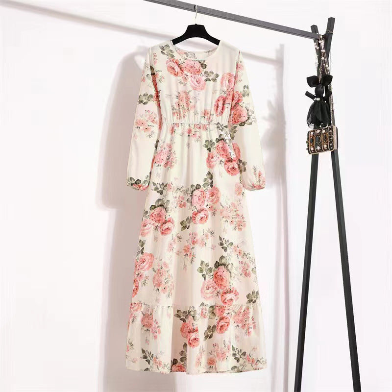 Vestido Comprido Floral de Manga Comprida e Cintura Subida