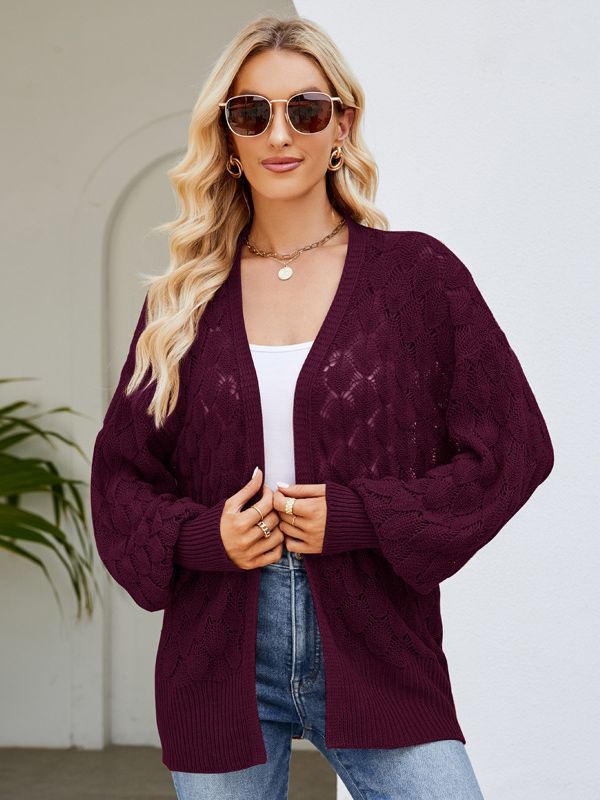 Cardigã de Tricô Feminino Vazado de Comprimento Médio
