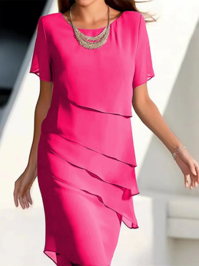 Vestido Midi Evasé com Folhos e Manga Curta