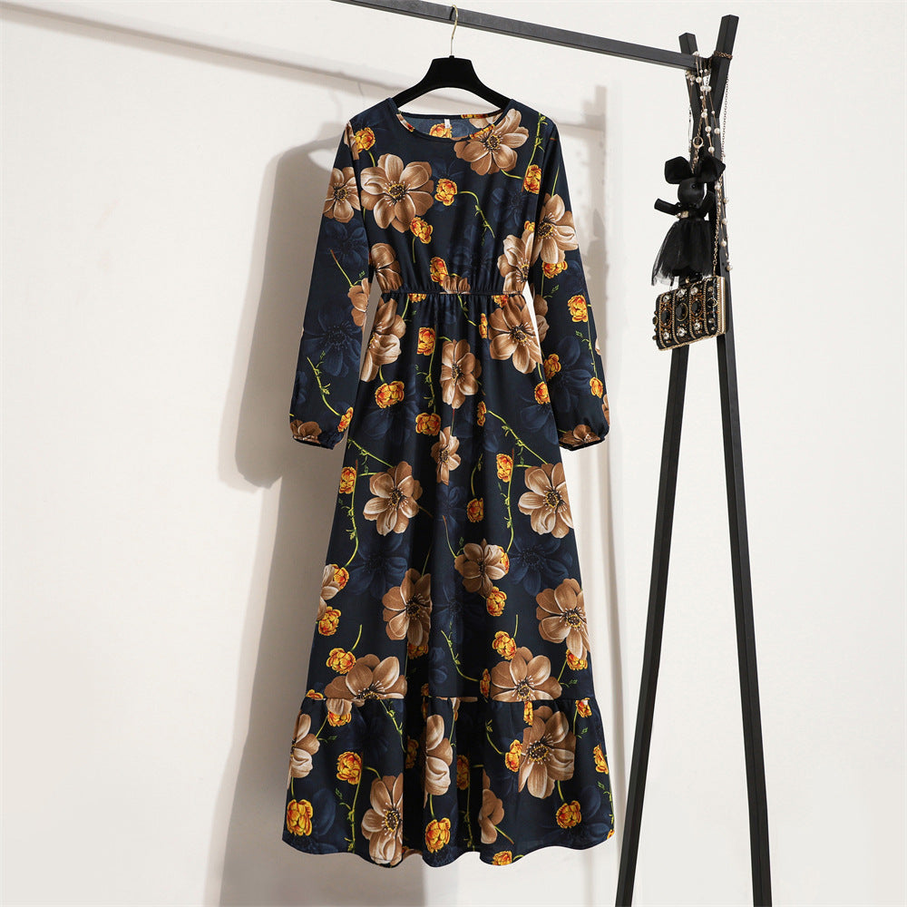 Vestido Comprido Floral de Manga Comprida e Cintura Subida
