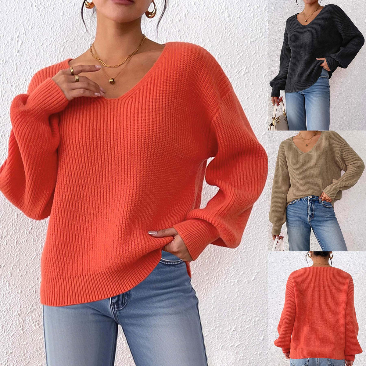 European and American Women's Clothing Cross-Border Sweaters Autumn and Winter V-Neck Casual Pullover Tops Women's Knitted Loose Sweaters Wholesale