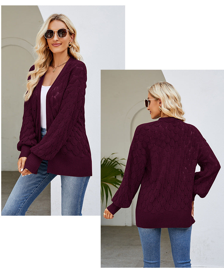 Cardigã de Tricô Feminino Vazado de Comprimento Médio
