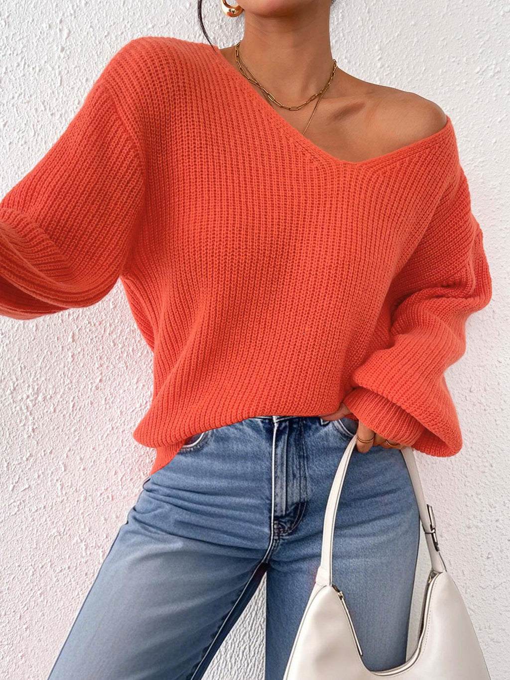 European and American Women's Clothing Cross-Border Sweaters Autumn and Winter V-Neck Casual Pullover Tops Women's Knitted Loose Sweaters Wholesale