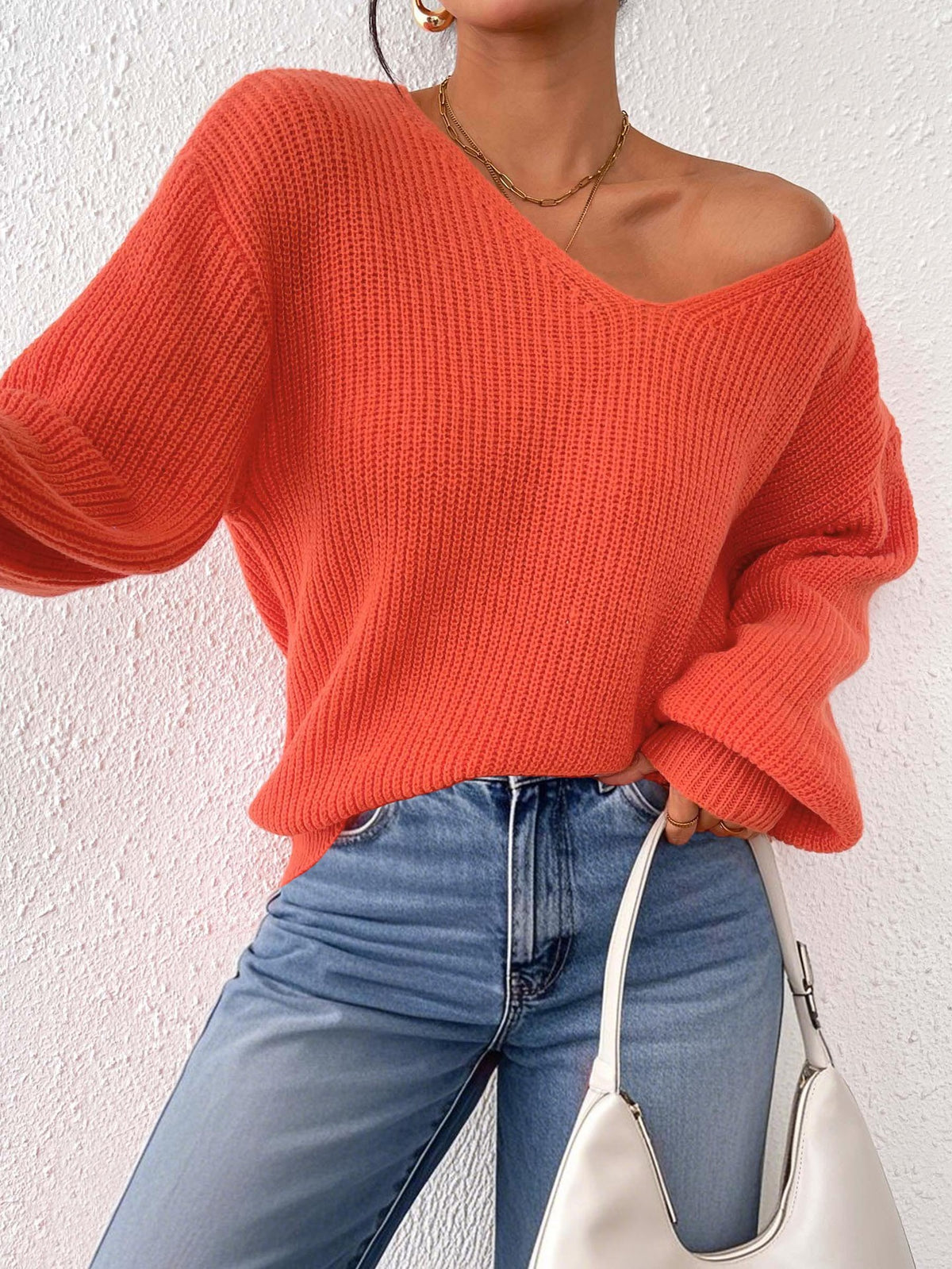 European and American Women's Clothing Cross-Border Sweaters Autumn and Winter V-Neck Casual Pullover Tops Women's Knitted Loose Sweaters Wholesale