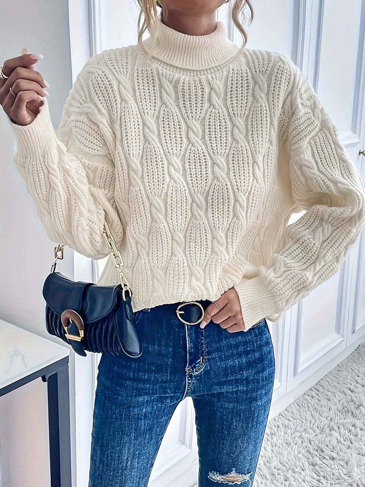 Camisola feminina de gola alta, manga comprida, cor lisa, para primavera e outono