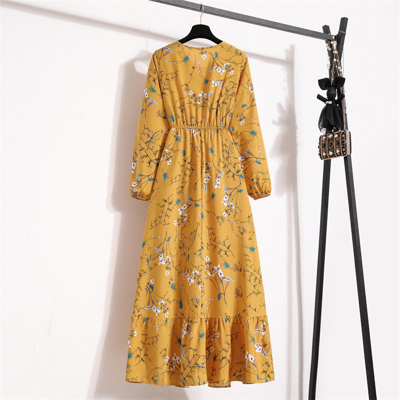 Vestido Comprido Floral de Manga Comprida e Cintura Subida