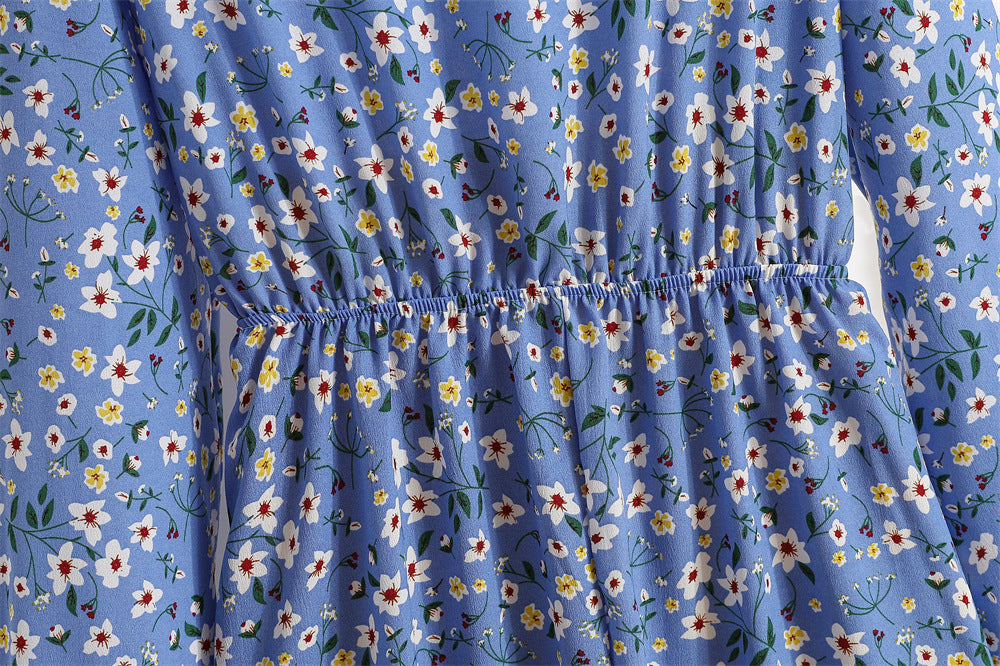 Vestido Comprido Floral de Manga Comprida e Cintura Subida