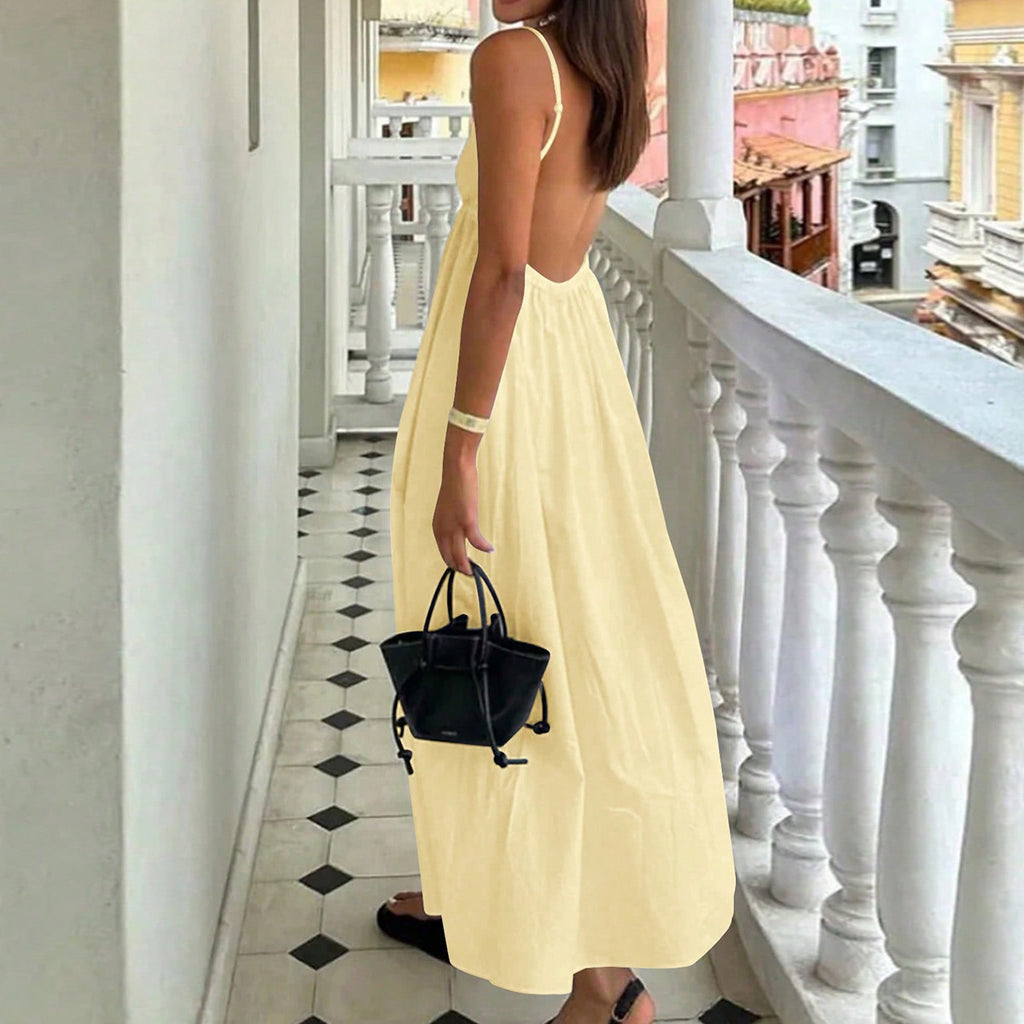Vestido de Verão com Costas Abertas, Decote V e Alças
