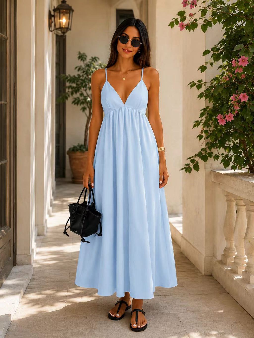 Vestido de Verão com Costas Abertas, Decote V e Alças