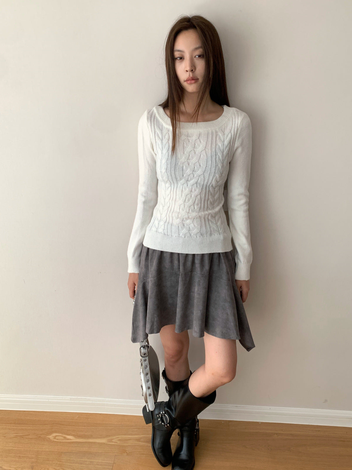 Camisola feminina de malha torcida, manga comprida, corte justo e estilo coreano